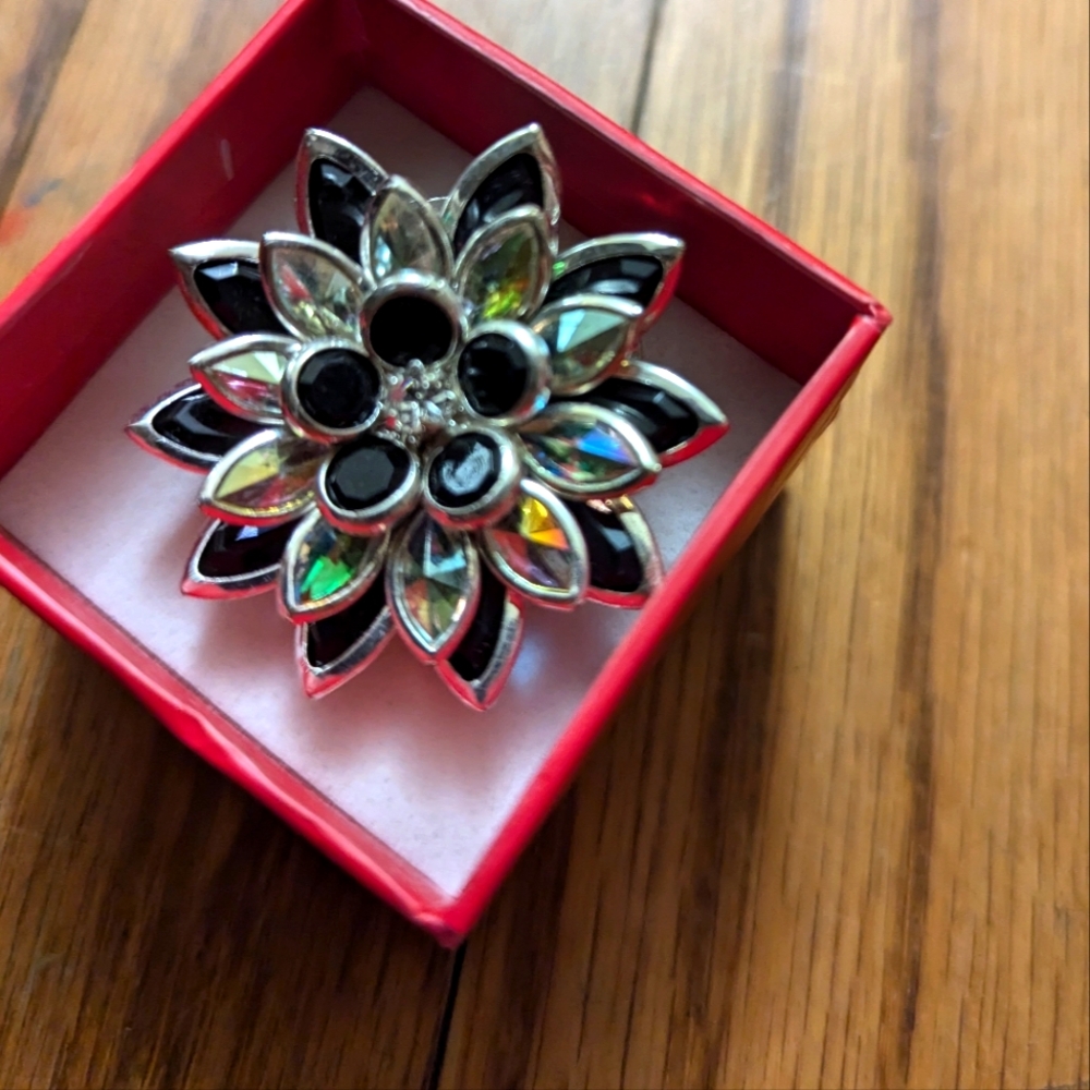 Vintage Flower Brooch Bezel Crystals Black Rhinestones Iridescent Petals AVON